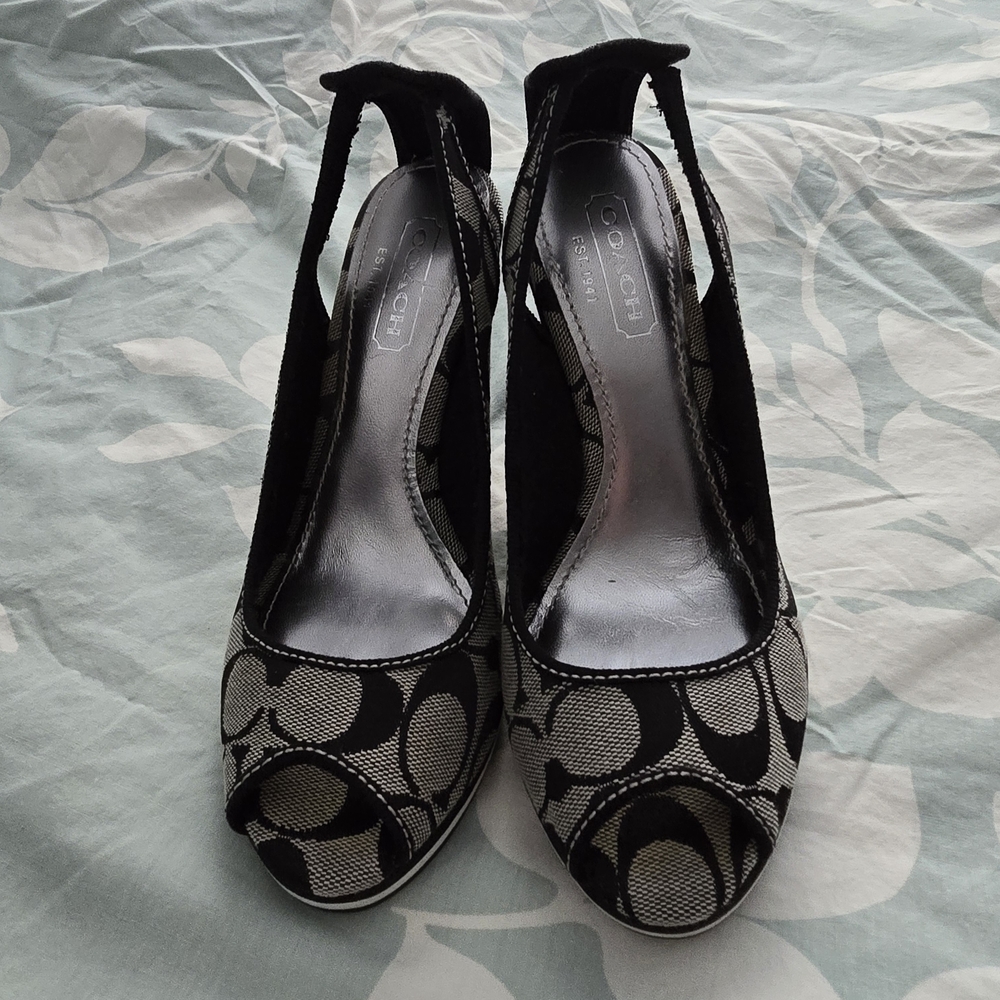 COACH Black and Cream Signature Slingback Heels